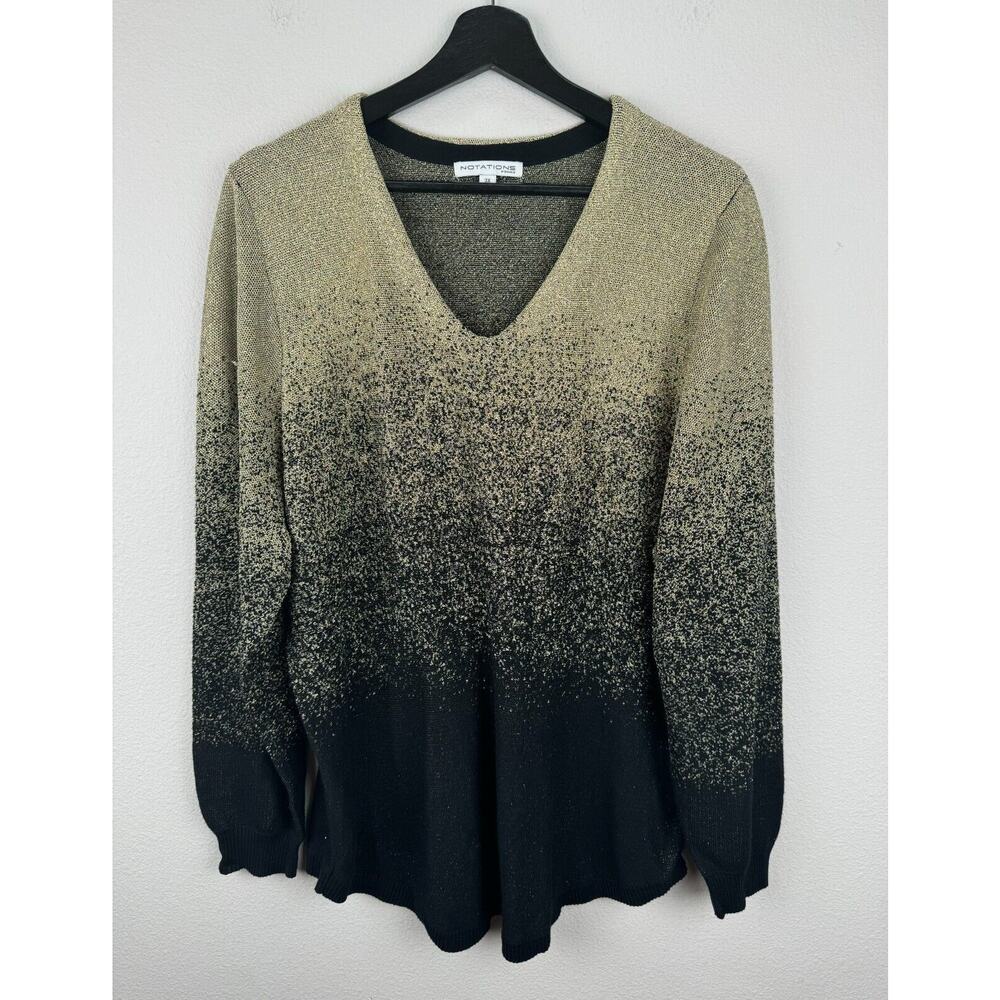 Notations Sweater Womens Size 3X Black Gold Long Sleeve Metallic Party New Year